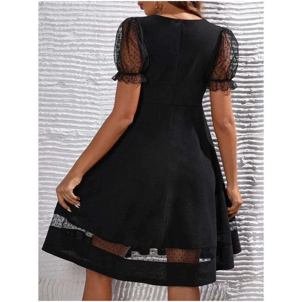 Maternity Black Swiss Dot Sheer Puff Sleeve Dress - Picture 4 of 4